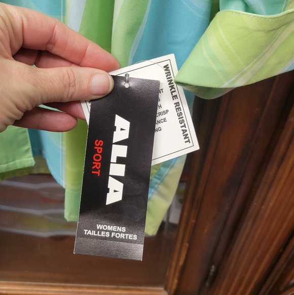 ALIA Sport Green Yellow Blue Checkered Button Up 3/4 Sleeve Shirt 18W - Picture 7 of 8